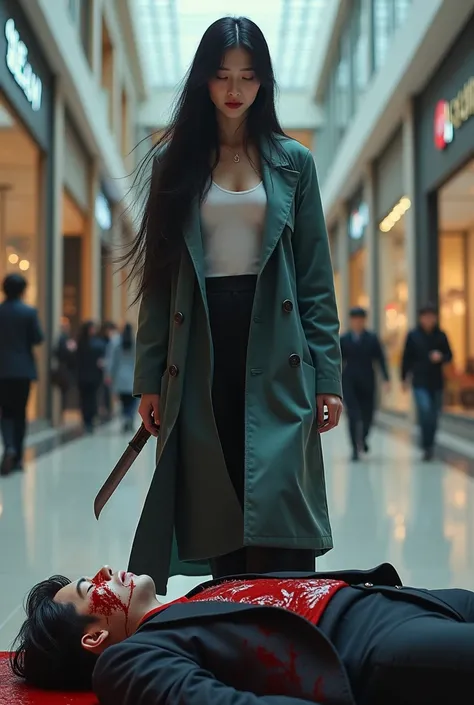 Hight quality, realistic, Very beautiful Korea girl, girl very thick hair, girl walking in shopping center, male full face mask terrorist, male terrorist, male dies, profesional office girl, male covered in blood,  knife stuck into neck male