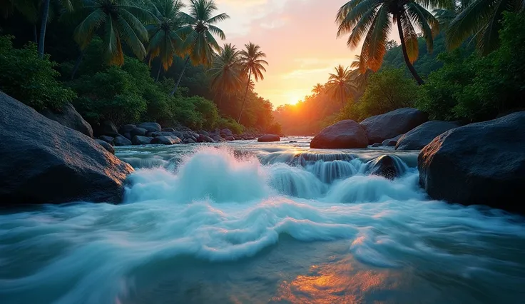 a natural photograpy of a serene tropical landscape featuring a flowing river surrounded by lush greenery and palm trees.  casting a soft glow over the sunset horizon. The rough splash of river’s water appears ethereal with shades of blue and hints of oran...