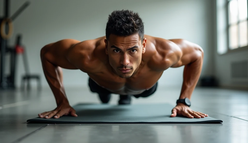 A full-body shot of a person performing a push-up. The form should be impeccable, with a straight back and engaged core. The background could be a well-equipped gym or a clean home workout space with a yoga mat.
Detalhes importantes: Emphasize strength, fo...