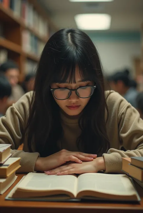 A young woman with dark hair, wearing glasses, sitting at a crowded library table, surrounded by textbooks and notes, looking tired and stressed, soft focus background, with warm lighting 