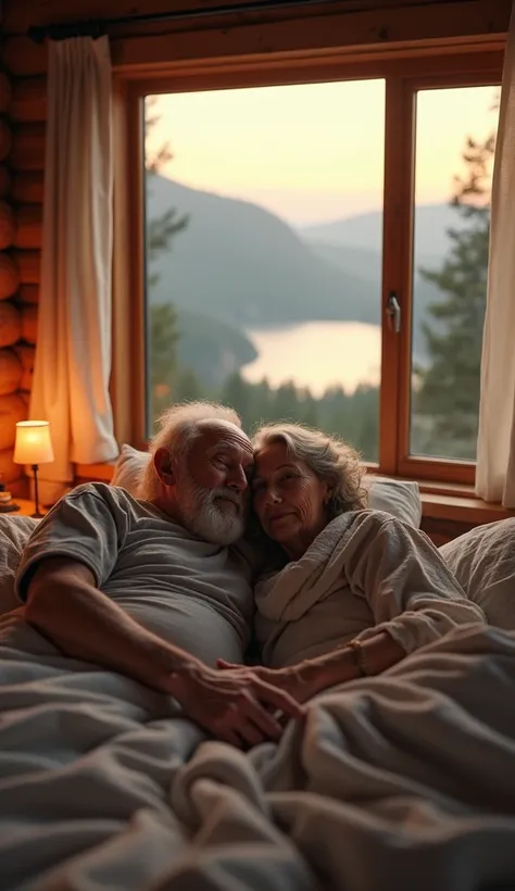 An image of a very old couple lying on a bed in a chalet overlooking the horizon enjoying their last days 