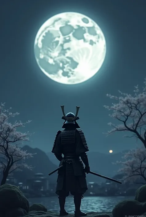 Samurai with their backs looking at the moon