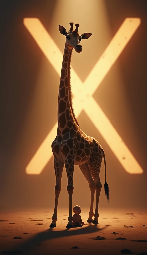 " A baby sits comfortably at the base of the long neck of a majestic giraffe,  that stands firm in the center of the illuminated stage , with the X shining in the background ."

