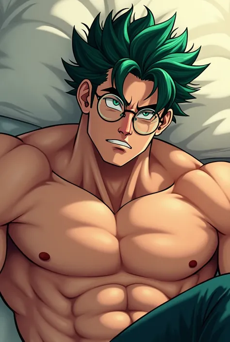 art of a man pumped up with slightly long dark green hair laid on his side with round glasses 