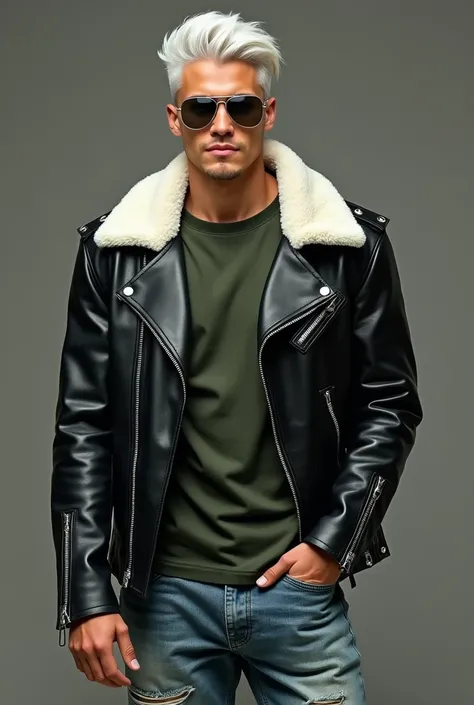 Make me an image of an attractive man in his twenties, with white, short, slick back hair, and dressed in a black biker leather jacket with white fur, a dark green work t-shirt, baggy and worn blue jeans and a pair of worn black boots and wearing a pair of...