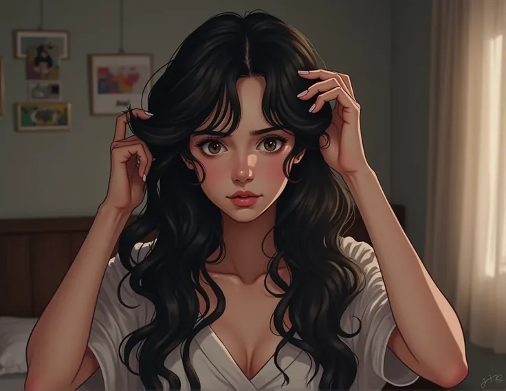 Woman with wavy black hair looking confused fixing her hair in her room