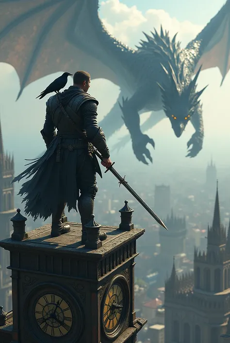  A man wielding a sword with a crow on his shoulder stood on the top of the clock tower,the great dragon that emerged from the langut and the man standing under the clock tower 
