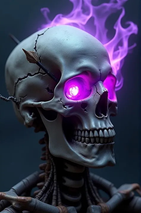 Make a skull with the left eye catching purple fire and an arrow in the head