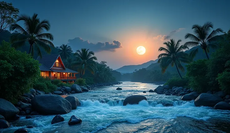 A serene tropical landscape featuring a flowing river surrounded by lush greenery and palm trees. Traditional Thai house beside the river, luminous full moon dominates the scene, casting a soft glow over the sunset horizon. The rough splash of river’s wate...