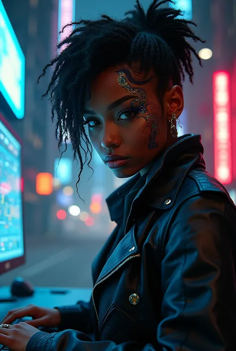 beautiful black woman, cyberpunk netrunner, hacking computers