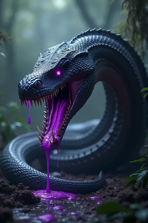 Make a snake with its mouth open and large teeth with purple venom