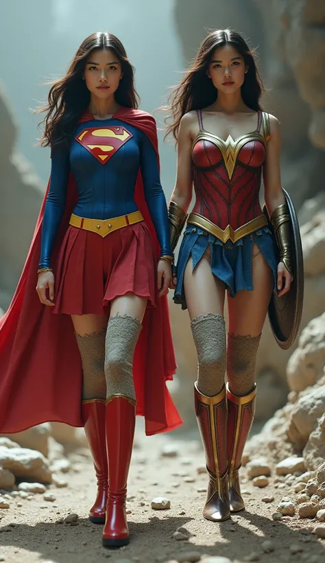 Japanese Supergirl and Wonder Woman are cursed by Medusa、Wonder Woman and Supergirls lower bodies are petrified 
(((Supergirl and Wonder Woman have parts of their bodies turned into stones、The costume is also turned to stone :1.8)))
((( Live Action、    rea...