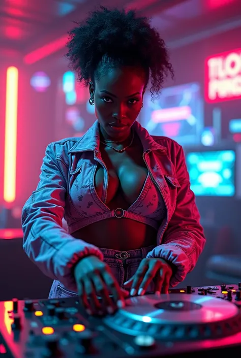 beautiful black woman, cyberpunk dj, turntables, in a cyberpunk club