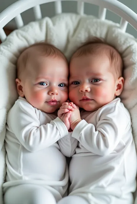 Deux touts petits bébés à la maternité dans un couffin blanc qui regardent le photographe en se donnant la main elles sont trobelles avec des grands yeux bleus photo très reliés hyperréalisme