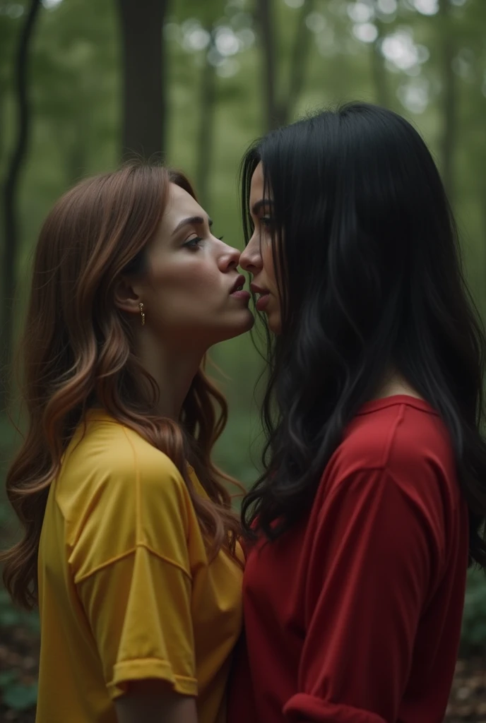  a woman in a yellow shirt and a woman in a red shirt,  an image inspired by Niklaus Manuel , tumblr, Stagnation, ,  very very scary ,  still from a fantasy movie , Tales from the Crypt  ,  still from a live-action movie , still from a horror film, transfo...