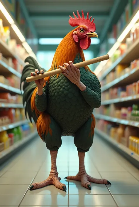 Chicken with massive human feet playing the flute in a supermarket 