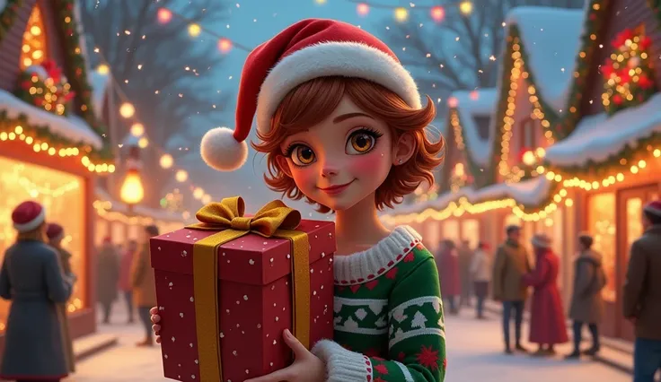 In a lively Christmas village square adorned with twinkling colorful lights, our spirited character embraces the festive cheer with humor and charm. Her short, wavy auburn hair frames her hazel eyes, glowing with mischief and delight under the merry ambian...