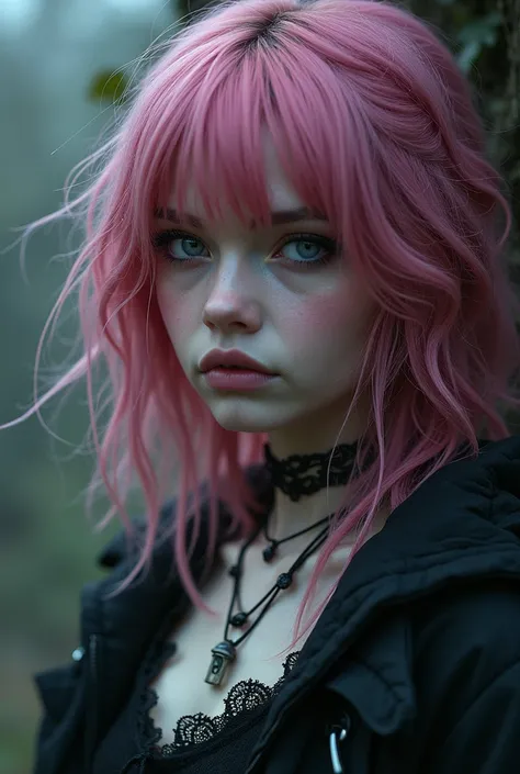 a woman with pink shoulder length hair, tussled and wispy. greyish blue eyes, emo, goth clothing, siren eye shape