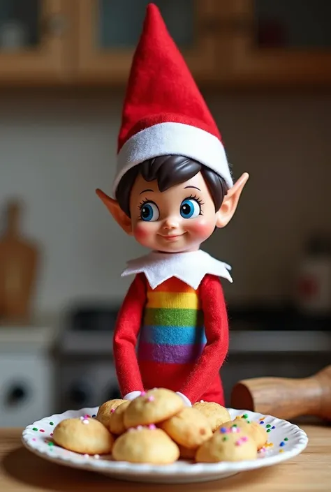 Elf with rainbow sweater. He has Sky eyes, short black hair and long ears.Red hat and White pon-pon. The Elf cooks biscuits with Sprinkles. The Elf is in Santa Klaus kitchen. Near the Elf there Is a paper "ciao Miriam, ciao Gabriele!"