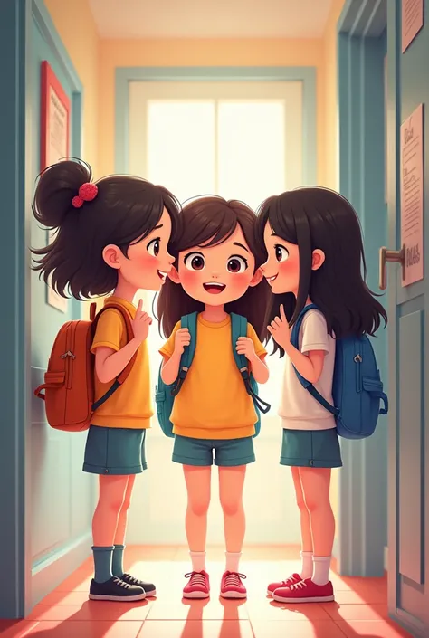 Generate a cartoon of 3 girls whispering