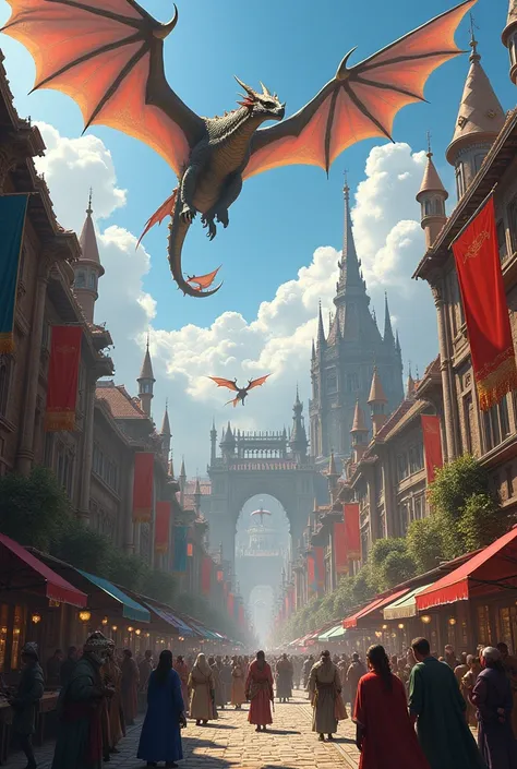 Fantasy Medieval Kingdom, with commerce, people in the city, dragons flying over the kingdom