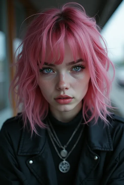 a woman with pink shoulder length hair, tussled and wispy. greyish blue eyes, emo, goth clothing, resting bitch face