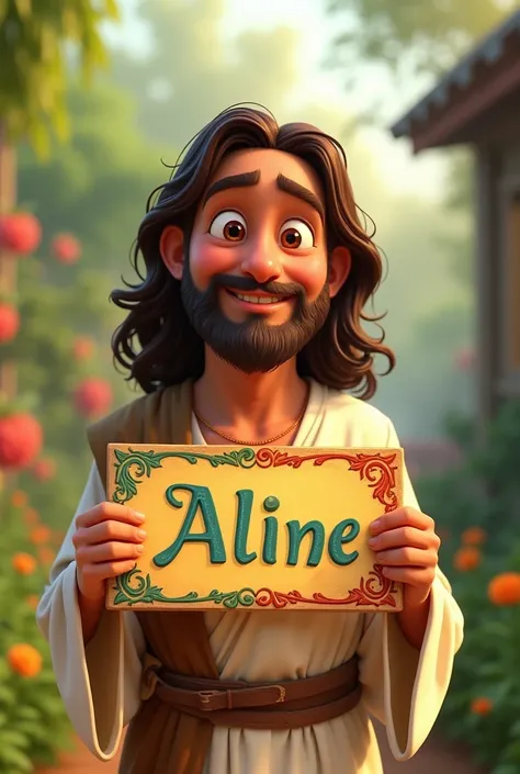 Create a Pixar-style cartoon of Jesus Christ holding a sign with the name ALINE