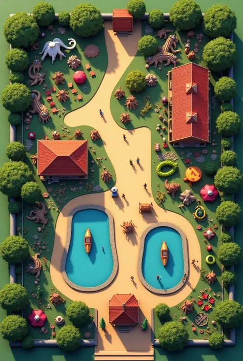  Create a realistic image of the floor plan of an amusement park from an aerial view.  Consider dividing 3 different themed areas , the first area with dinosaurs ,  the second area with amusement park toys , including a roller coaster ,  and the third is a...