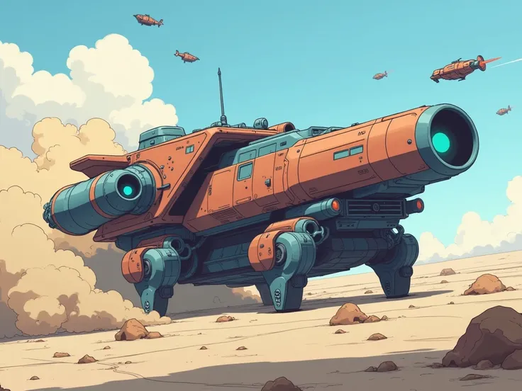 A light war vehicle colored brown and blue, in a battle. The style is futuristic anime. The setting is clean and minimal, no text or symbols. The colors are flat and stylized, resembling traditional anime aesthetics, with clean lines and bold shading.