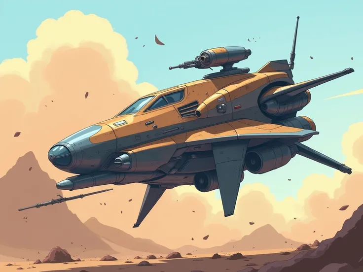 A light war vehicle colored brown and blue, in a battle. The style is futuristic anime. The setting is clean and minimal, no text or symbols. The colors are flat and stylized, resembling traditional anime aesthetics, with clean lines and bold shading.