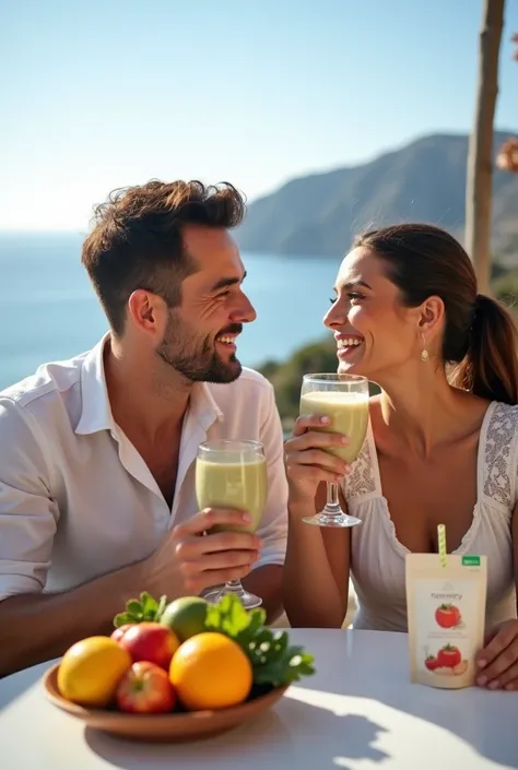 A smiling couple, casual and elegant dress ,  drinking a healthy shake on a terrace overlooking the sea or the mountains.  On the table there are fresh fruits ,  a package of the product and a perfectly presented glass .  Natural light highlights the fresh...