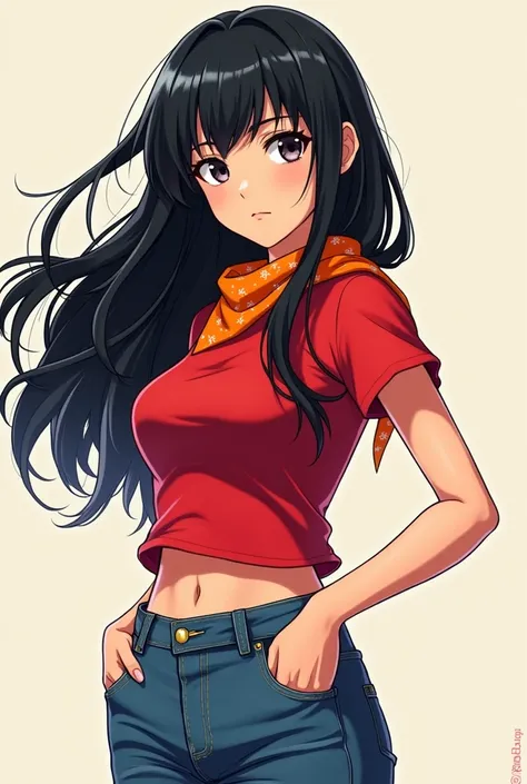  Anime girl wearing a short red shirt,an orange bandana ,  denim pants and black hair  