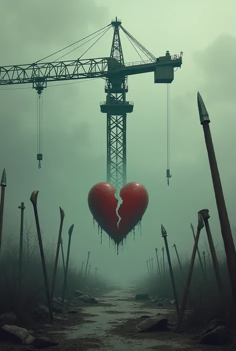 Un crane, des lances, des machettes et un dessin de coeur brisé. 