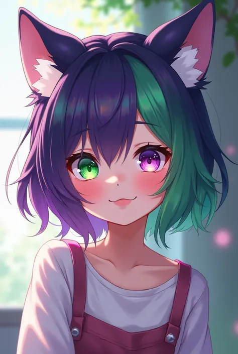 Fille loup, wolf haircut mi-long, cheveux côté gauche violet, cheveux côté droit vert, œil gauche vert, œil droit violet, souriante, version anime