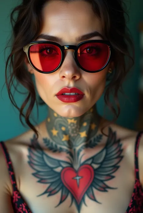 a close up of a woman with glasses and a tattoo on her chest, looks like fabiula nascimento, inked, with tattoos, thick glasses, wearing shipibo tattoos, wearing red tainted glasses, kiki picasso style, heart emblem on chest, by Nándor Katona, anna nikonov...