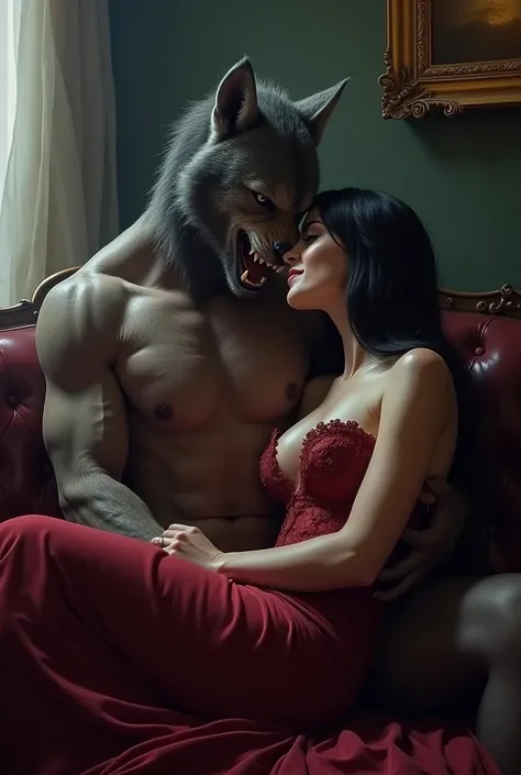 A male shirtless werewolf vampire hybrid nipping a female vampires neck as shes on his lap, the female vampire is pleased, and the male has a smirk