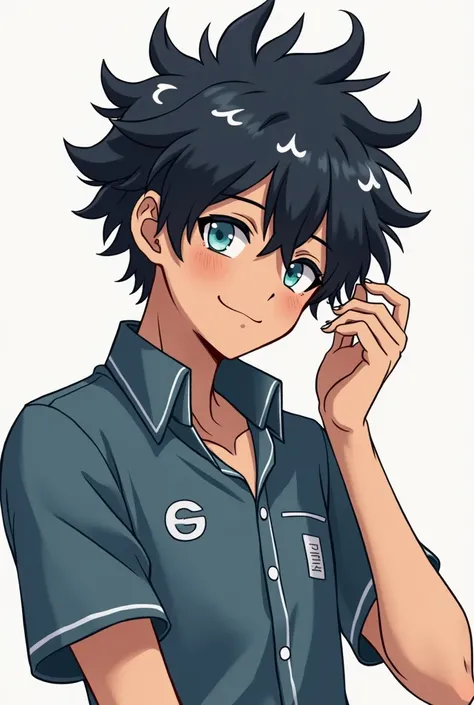 boy of about 18 years old, estilo haikyuu,  brown skin with black hair with white locks and light blue eyes.  He meets the uniform from the anime Haikyuu ,  he is in profile with a smile on his tired face , his arm was gathering his hair .