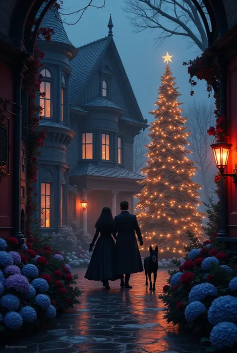 In A Christmas night gothic black and red house with Christmas tree lights designed and blue and purple hydrangea and red roses and black a black German shepherd and gothic curvy girl and boy Couple walk to