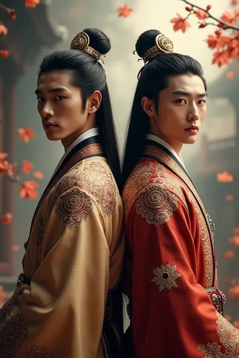 Two super handsome Korean men back to back wearing royal clothing from medieval times, photorealistic , cinematografía, realism, Suprematism,  surrealism 