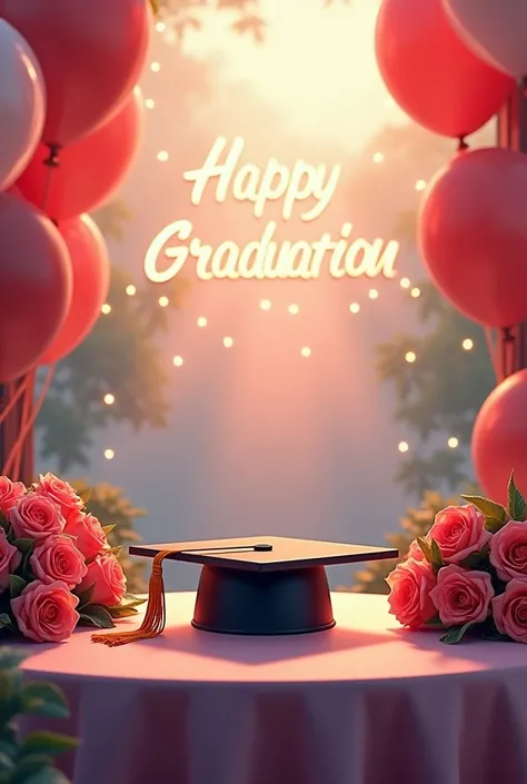 Balloons and roses and that in the background say happy graduation happy table with a cap