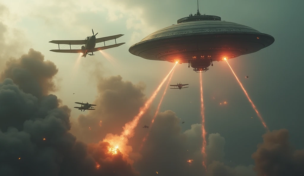 " cinematic image ,  ultra realistic in 4k of an aerial battle between a flying saucer releasing lasers and two planes from the First World War.  The scene shows one of the planes shot down in flames , falling toward the ground .  The environment is dramat...