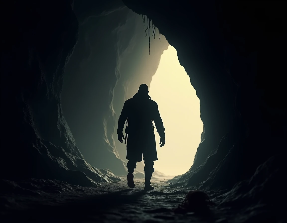 (( best quality)), (( masterpiece )), (detailed), ((realistic)), Silhouette of a man walking with his back ,  on the ground a small bunch of broken rope ,  man is coming out of a dimly lit cave ,  the light at the exit of the cave does not allow us to see ...