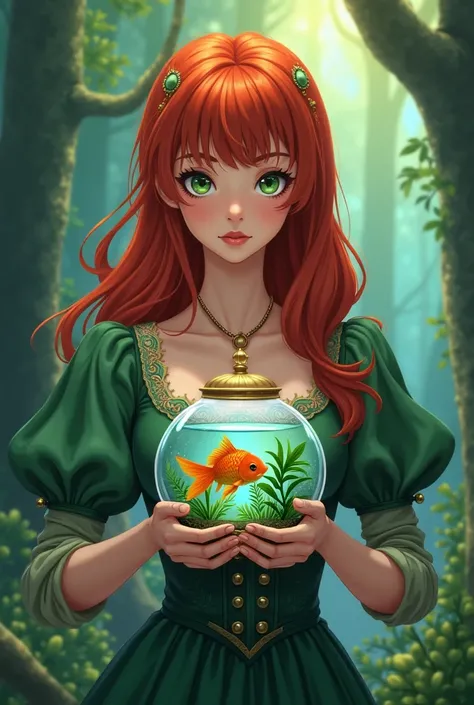 " a woman with long red hair ,  with focused expression ,  holding a small aquarium in her hands ,  filled with goldfish and aquatic plants .  she wears a mediaeval-inspired dress in shades of emerald green, with puffy sleeves and embroidered details .  Th...