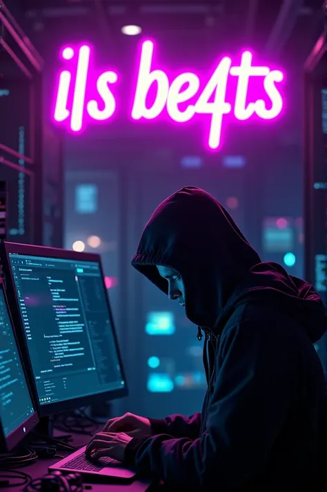 Make a realistic image of a HACKER and on top a neon purple graffiti logo written ILS be4ts