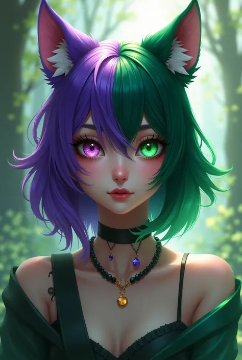 Fille loup, wolf haircut mi-long, cheveux côté gauche violet, cheveux côté droit vert, les yeux verrons: œil gauche vert, œil droit violet. 2D