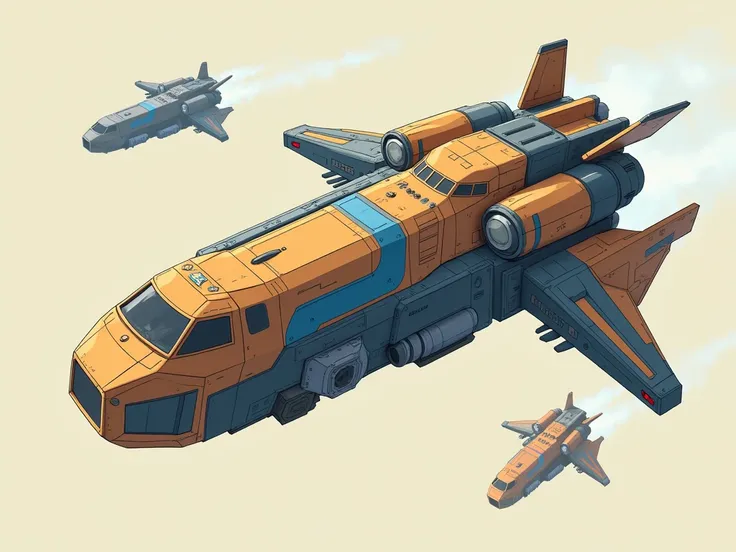 A light war vehicle colored brown and blue, in a battle. The style is futuristic anime. The setting is clean and minimal, no text or symbols. The colors are flat and stylized, resembling traditional anime aesthetics, with clean lines and bold shading.