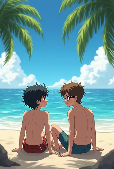 A high school boy with long, curly black hair and another high school boy with short, brown hair and glasses sitting on a beach