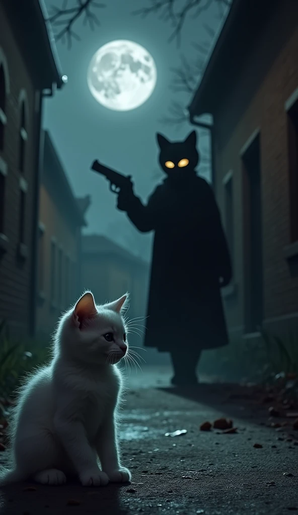 " The little white kitten watches in horror as his parents are confronted by an ill-faced cat in a dark alley.  The criminal holds a gun ,  as the full moon casts dramatic shadows over the scene . The kitten is paralyzed ,  with tears streaming down his ch...