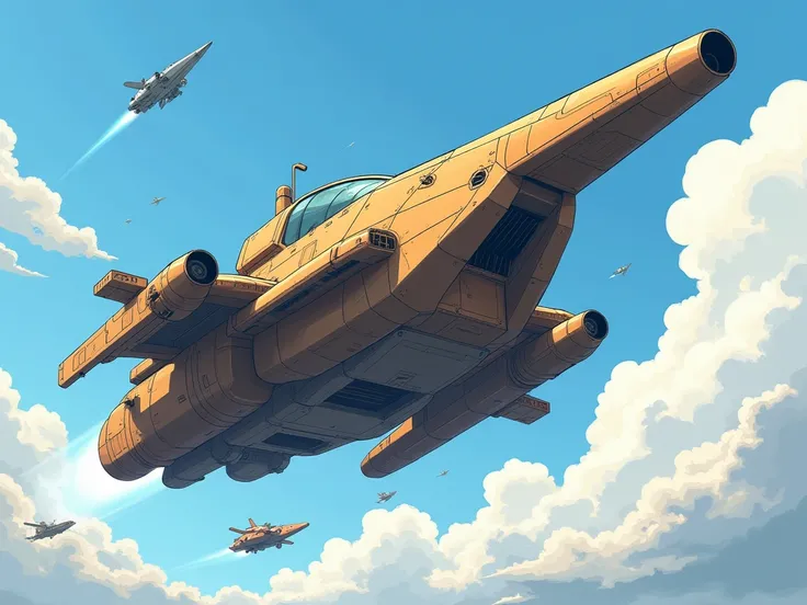 A light war vehicle colored brown and blue, in a battle. The style is futuristic anime. The setting is clean and minimal, no text or symbols. The colors are flat and stylized, resembling traditional anime aesthetics, with clean lines and bold shading.