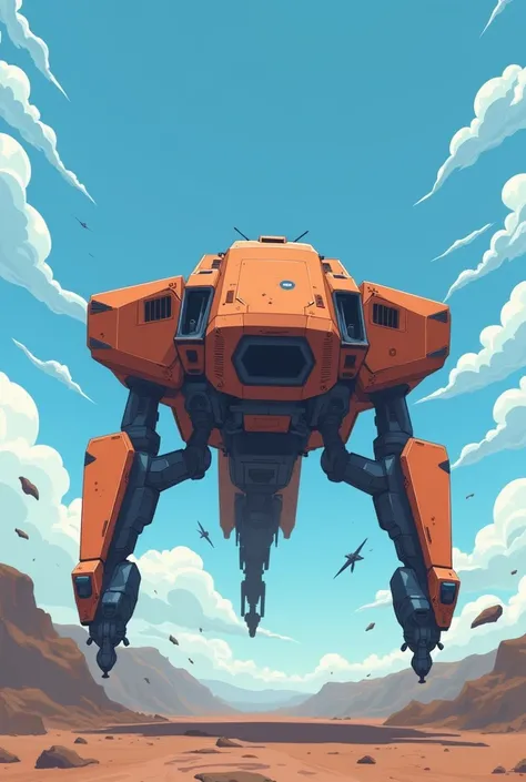 A light war vehicle colored brown and blue, in a battle. The style is futuristic anime. The setting is clean and minimal, no text or symbols. The colors are flat and stylized, resembling traditional anime aesthetics, with clean lines and bold shading.